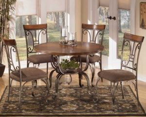 chair dinner table antique style dining room pieces round metal dinette sets white shades window blinds padded grey fabric wrapped chairs cushion vintage floral motif rugs